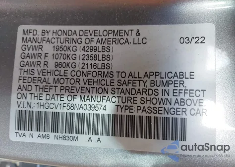 2022 Honda Accord Exl from USA, damaged, VIN 1HGCV1F58NA039574